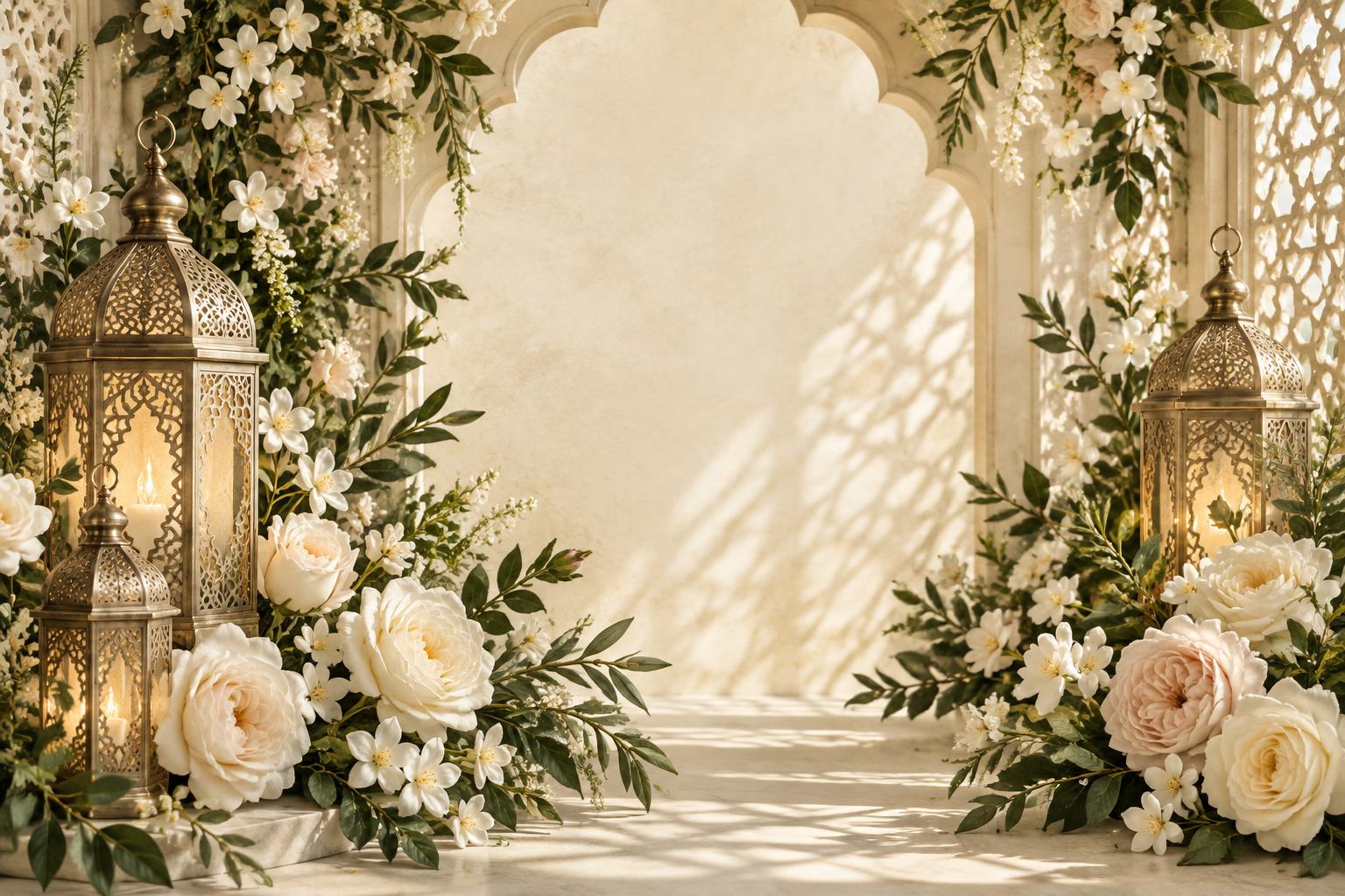 Ivory roses and gold lanterns framing a Mughal arch
